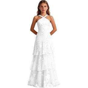 Halter Junior Bridesmaid Dresses Long Tiered Lace Girls Prom Dress Spaghetti Straps Floral Girls Formal Dresses in Saudi Arabia