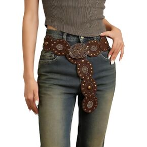 Women's Western-Wide-Disc-Concho-Leather-Belt – Bull Vintage Rivet Punk Boho Hollow Waist Belt for Dress Jeans in Kuwait