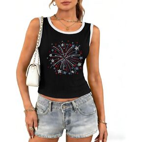 4th of July Tank Tops for Women Patriotic Sleeveless Ribbed Shirts Independence Day Bling Tops in Saudi Arabia
