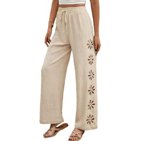 Womens 2026 Beach Pants Summer Boho Floral Cutout Wide Leg Pants Drawstring Elastic Waist Casual Trousers in Saudi Arabia