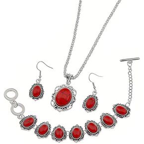 Bohemian Turquoise Jewelry Sets for Women Red Black Blue Turquoise Western Necklace Bracelet Earrings Vintage Western Country Concert Outfits Jewelry Cowgirl Chic Accessorie in Kuwait