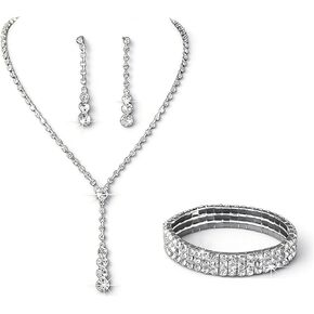 Silver Zircon Necklace Bracelet Earring Set for Women,Layered Sparkling Rhinestone Tennis Bracelet,Charm Wedding Bride Bridesmaid Jewelry Accessories in Saudi Arabia