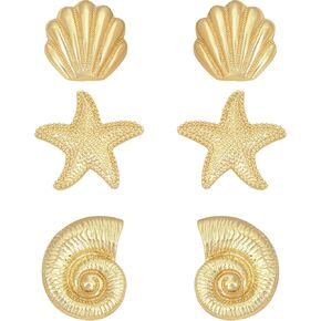 Gold Seashell Starfish Spiral Shell Stud Earrings Set - 3 Pairs Hypoallergenic 14K Gold Plated Ocean Beach Earrings for Women, Cute Summer Coastal Themed Jewelry Gift in Saudi Arabia