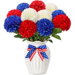 12 Pcs Artificial Chrysanthemums Flowers Patriotic Flower, 4th of July Fake Mums Flowers Silk Flowers Arrangement for Home Decor Indoor Memorial Day Table Centerpiece (12, Red, White, Blue) in Saudi Arabia