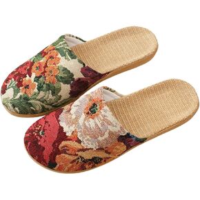 Women Linen House Slippers Jacquard Floral Tapestry Open Toe Slides Vintage Breathable Flax Indoor Shoes Bedroom Spa Summer Lightweight Non Slip Mules in Saudi Arabia