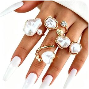 Gold Pearl Rings Set for Women Fashion Open Adjustable Baroque Stacking Knuckles Pearl Rings Set Trendy Boho Prom Costume Jewelry in Saudi Arabia
