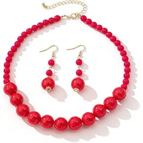 Colorful Beaded Necklace Earrings Set for Women Retro Chunky Big Round Bead Resin Choker Necklace Dainty Acrylic Multicolor Beads Pendant Earrings Fashion Festival Party Jewelry Accessories for Women in Saudi Arabia