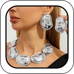 Large Bean Chunky Gold Choker Necklace Irregular Geometry Earring for Women, Punk Big Silver Jewely Set Y2K Fashion Prom Party Outfit Accessories Gift in Saudi Arabia