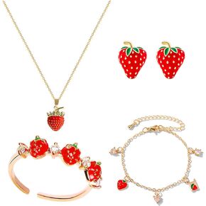 Strawberry Costume Jewelry Set for Women Red Fruit Theme Dangle Earrings Necklace Ring Bracelet Character Cosplay Accessories Sweet Aesthetic Summer Party Outfit Birthday Present in Saudi Arabia