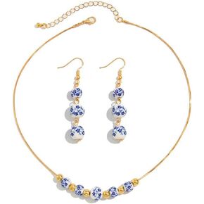 Ceramic Bead Necklace Earrings Set for Women Blue White Porcelain Ball Necklace Blue Floral Pattern Jewelry Set Minimalism Chinese Earrings Sets Jewelry Gift in Kuwait