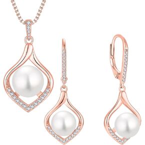 Pearl Jewelry Set for Women June Birthstone Earrings & Necklace 18K Rose Gold Plated Silver Jewelry for Her in Kuwait