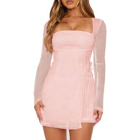 Women's Long Sleeve Mini Mesh Dress Square Neck Club Party Short Dresses in Saudi Arabia