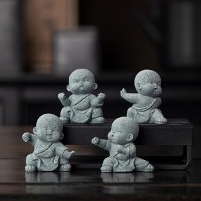4 PCS Cute Kung Fu Zen Monk Praying Statue, Mini Sandstone Buddha Statues, Stone Monk Figurine Zen Decor for Desktop Decor, Home Feng Shui, Zen Garden, Fish Tank, 4Pcs Grey in Saudi Arabia