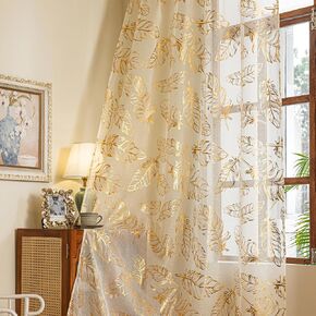 Deeprove Cream and Gold Sheer Curtains 84 inches Long 2 Panels for Bedroom Patio Decor, Metallic Foil Feather Patterned Print Golden Window Treatments 84 Inch Length Pair Drapes W52 x L84 Inch in Saudi Arabia