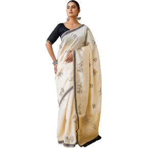 Elegant Cream Cotton Saree with Black Border and Embroidered Floral Design – Traditional Ethnic Wear for Women in Saudi Arabia