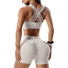 WDIRARA Women's Leopard 2 Piece Workout Sets Crisscross Back Sports Bra Biker Shorts Set Athletic Gym Outfits in Kuwait