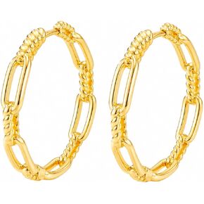 14K Gold Hoop Earrings for Women, Lightweight Chain Link Round Hoop Earrings with Twisted Rope Detail, Classic Chunky Gold Hoops, Hypoallergenic Everyday Wear Jewelry Gift 25mm/30mm in Saudi Arabia