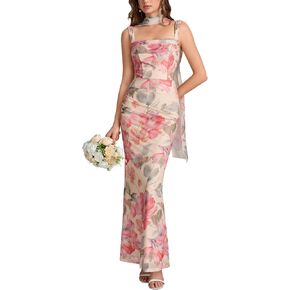 Parthea Formal Wedding Guest Dresses for Women Corset Ruched Bodycon Cocktail Bridesmaid Elegant Maxi Dress with Scarf in Kuwait
