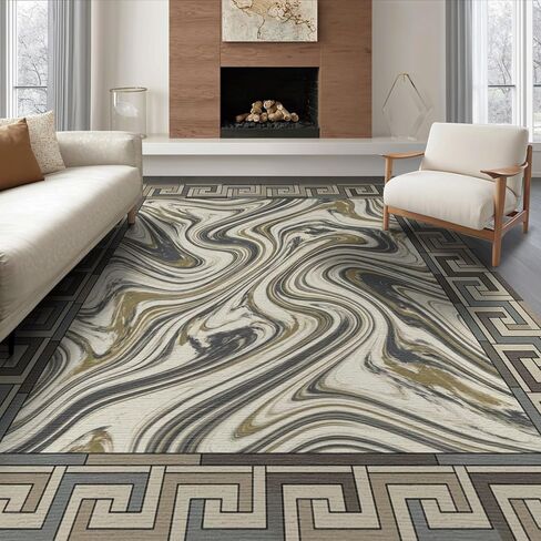 Border Mosaic Designer Sculptures Cream Sconces Abstract Key Greek Playful for Living Room, Under Sectional, Family Room, Non-Slip Flatwoven Washable Area Rug(8'x10') in Saudi Arabia