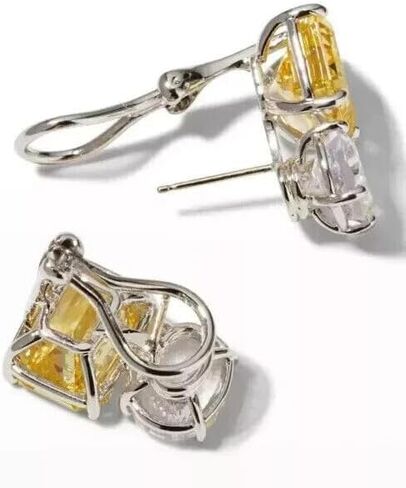 4.00 Carat Emerald Cut Simulated Yellow Citrine & Diamond Wedding Engagement Women's Stud Earrings 14K White Gold Plated in Saudi Arabia