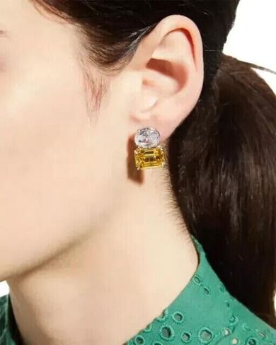 4.00 Carat Emerald Cut Simulated Yellow Citrine & Diamond Wedding Engagement Women's Stud Earrings 14K White Gold Plated in Saudi Arabia