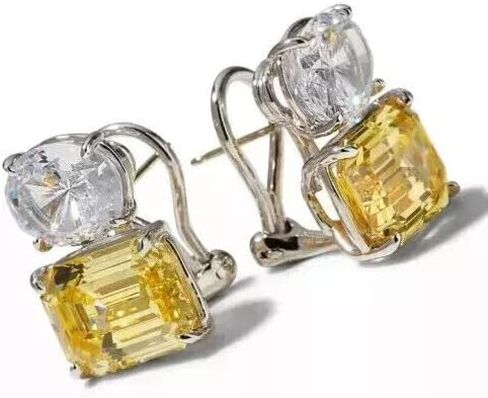 4.00 Carat Emerald Cut Simulated Yellow Citrine & Diamond Wedding Engagement Women's Stud Earrings 14K White Gold Plated in Saudi Arabia