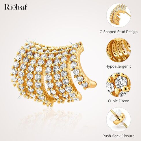 14K Gold Plated C Shaped Stud Earrings for Women, Cubic Zirconia Statement Earrings, Sparkly CZ Fan Earrings with Push Back Closure, Elegant Hypoallergenic Stud Earrings for Wedding Party Gift in Saudi Arabia
