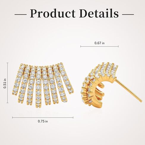 14K Gold Plated C Shaped Stud Earrings for Women, Cubic Zirconia Statement Earrings, Sparkly CZ Fan Earrings with Push Back Closure, Elegant Hypoallergenic Stud Earrings for Wedding Party Gift in Saudi Arabia