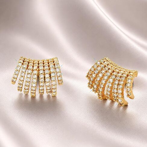 14K Gold Plated C Shaped Stud Earrings for Women, Cubic Zirconia Statement Earrings, Sparkly CZ Fan Earrings with Push Back Closure, Elegant Hypoallergenic Stud Earrings for Wedding Party Gift in Saudi Arabia