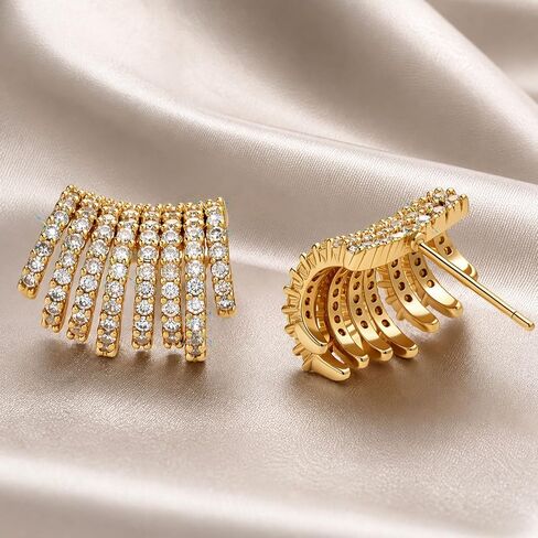 14K Gold Plated C Shaped Stud Earrings for Women, Cubic Zirconia Statement Earrings, Sparkly CZ Fan Earrings with Push Back Closure, Elegant Hypoallergenic Stud Earrings for Wedding Party Gift in Saudi Arabia