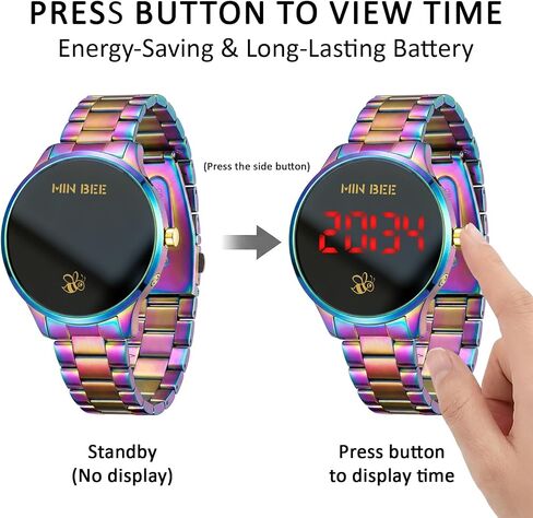 Unisex 40mm Minimalist Rainbow Digital Watch, Large LED Display 12/24H Format, Stainless Steel Band, 30m Water Resistant, Tool-Free Adjustable for Daily Wear in Saudi Arabia