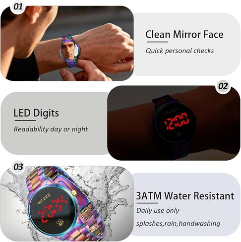 Unisex 40mm Minimalist Rainbow Digital Watch, Large LED Display 12/24H Format, Stainless Steel Band, 30m Water Resistant, Tool-Free Adjustable for Daily Wear in Saudi Arabia