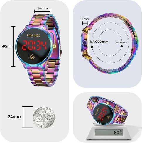 Unisex 40mm Minimalist Rainbow Digital Watch, Large LED Display 12/24H Format, Stainless Steel Band, 30m Water Resistant, Tool-Free Adjustable for Daily Wear in Saudi Arabia