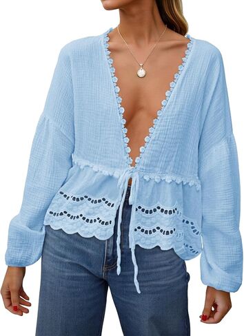 Tankaneo Womens Deep V Neck Tie Front Blouse Cotton Long Puff Sleeve Eyelet Tops Cute Lace Trim Flowy Ruffle Shirts in Kuwait