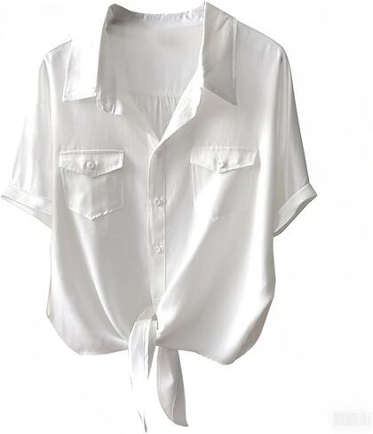 Womens Tie Front Button Down Shirt Short Sleeve V Neck Office Business Blouse Summer Casual Tops in Saudi Arabia