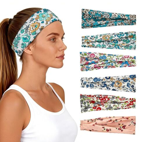 Headbands for Women 6 Pack - Wide Floral Boho Head Bands, Running Workout Washing Face Thin Hairbands，Elastic Non Slip Comfortable Thick Sweatband, Fashion Sport Makeup Spa Hair Accessorie in Kuwait