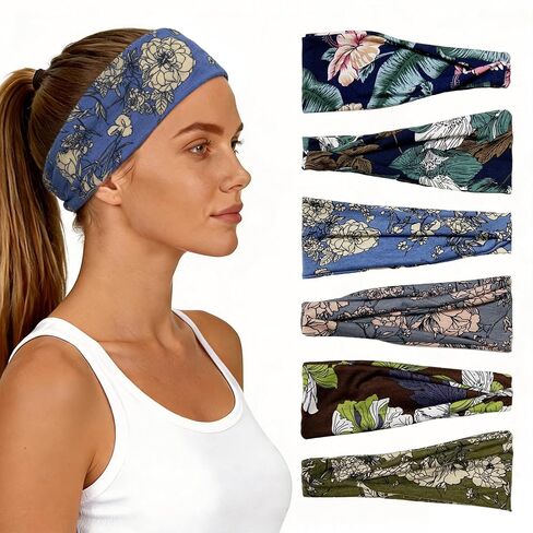 Headbands for Women 6 Pack - Wide Floral Boho Head Bands, Running Workout Washing Face Thin Hairbands，Elastic Non Slip Comfortable Thick Sweatband, Fashion Sport Makeup Spa Hair Accessorie in Kuwait