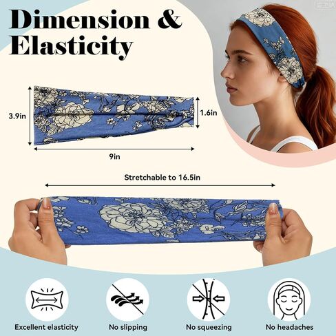 Headbands for Women 6 Pack - Wide Floral Boho Head Bands, Running Workout Washing Face Thin Hairbands，Elastic Non Slip Comfortable Thick Sweatband, Fashion Sport Makeup Spa Hair Accessorie in Kuwait