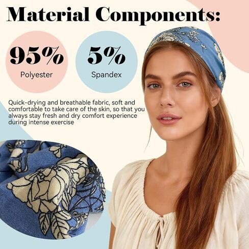 Headbands for Women 6 Pack - Wide Floral Boho Head Bands, Running Workout Washing Face Thin Hairbands，Elastic Non Slip Comfortable Thick Sweatband, Fashion Sport Makeup Spa Hair Accessorie in Kuwait