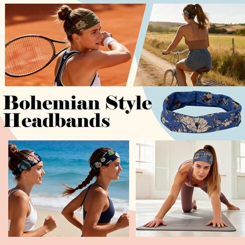 Headbands for Women 6 Pack - Wide Floral Boho Head Bands, Running Workout Washing Face Thin Hairbands，Elastic Non Slip Comfortable Thick Sweatband, Fashion Sport Makeup Spa Hair Accessorie in Kuwait