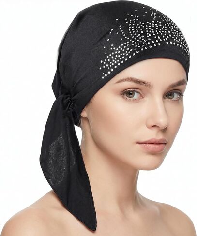 Gjinxi Chemo أغطية الرأس للنساء، حجر الراين مربوط مسبقًا وشاح الرأس ناعم سهل الارتداء على العمامة قبعات السرطان قبعة صغيرة أغطية جمجمة قبعة سريعة الجفاف لركوب الدراجات ماصة للرطوبة خوذة بطانة الأوشحة عقال in Kuwait