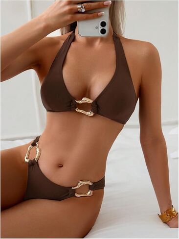 GORGLITTER Women's 3 Piece Swimsuits Halter High Cut Metal Bikini Sets Bathing Suit Set with Cover Up Sarong Skirt in Kuwait