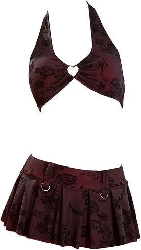 MEOWCOS Women's 2 Piece Swimsuit Romantic Flocked Floral Print Top Skort Bottom Bathing Suit for Beach Vacations in Kuwait