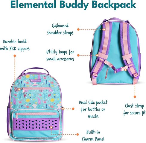 Elemental Kids Backpack for Boys & Girls Ages 5 to 8 – 15" Tall Bag for Kindergarten & Elementary School – Lightweight Bookbag with Adjustable Straps for Kids - Charm Panel & Name Tag - Mermaid in Saudi Arabia