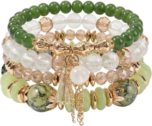 Ymapinc 4Pcs Gold & Green Bracelets for Women, Beaded Stackable Stretch Bracelet Set, Boho Beach Vacation Jewelry, Fashion Statement Gifts in Saudi Arabia
