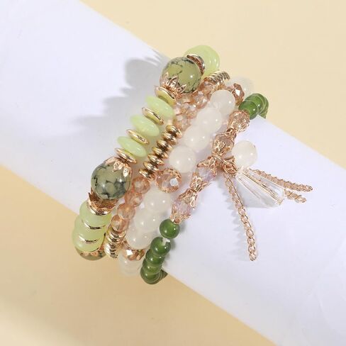 Ymapinc 4Pcs Gold & Green Bracelets for Women, Beaded Stackable Stretch Bracelet Set, Boho Beach Vacation Jewelry, Fashion Statement Gifts in Saudi Arabia