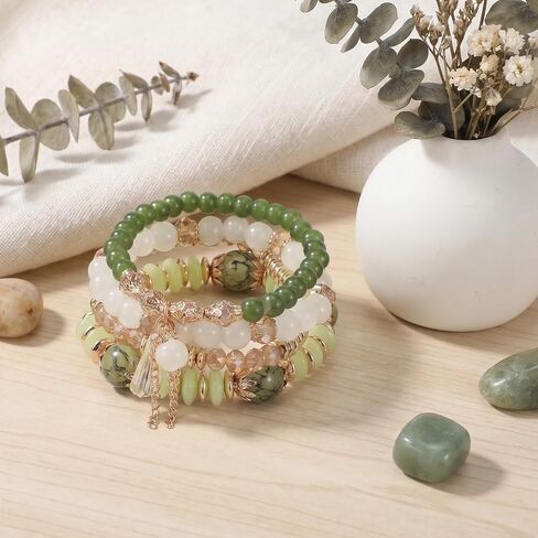 Ymapinc 4Pcs Gold & Green Bracelets for Women, Beaded Stackable Stretch Bracelet Set, Boho Beach Vacation Jewelry, Fashion Statement Gifts in Saudi Arabia