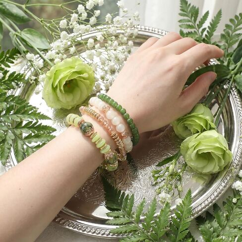 Ymapinc 4Pcs Gold & Green Bracelets for Women, Beaded Stackable Stretch Bracelet Set, Boho Beach Vacation Jewelry, Fashion Statement Gifts in Saudi Arabia