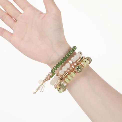 Ymapinc 4Pcs Gold & Green Bracelets for Women, Beaded Stackable Stretch Bracelet Set, Boho Beach Vacation Jewelry, Fashion Statement Gifts in Saudi Arabia