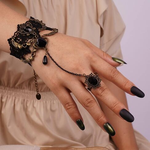 Missgrace Women Vintage Gothic Black Lace Bracelet with Ring Bangle Bracelet Metal Crystal Charm Steampunk Lace Black Chain Tassel Bracelet Rings for Women in Kuwait